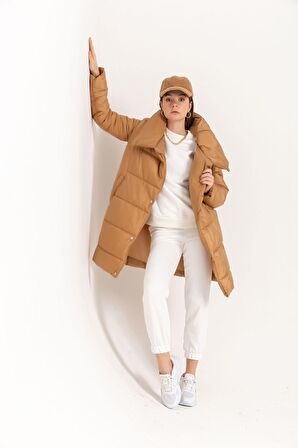 SASHA MODA MONT CAMEL M - Kapitone Kumaş Şal Yaka Bol Kalıp Yaka Detay Çıtçıtlı Kadın Mont