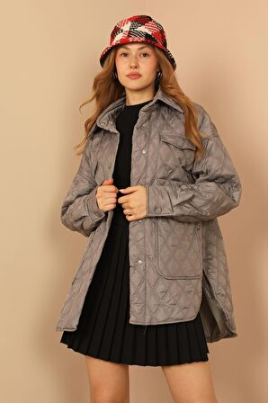 SASHA MODA MONT GRİ L-XL - Kapitone Kumaş Çift Dikiş Desen Kadın Mont