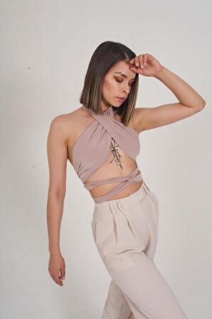 Bağlamalı Crop Model Wrap Top Bej