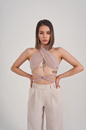 Bağlamalı Crop Model Wrap Top Bej