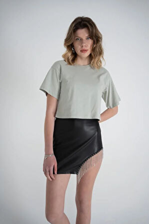 Kısa Kol Bisiklet Yaka Basic Viole Tshirt Haki