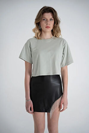 Kısa Kol Bisiklet Yaka Basic Viole Tshirt Haki