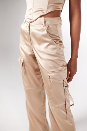 Yüksek Bel Kargo Cep Saten Maddy Pantolon Bej