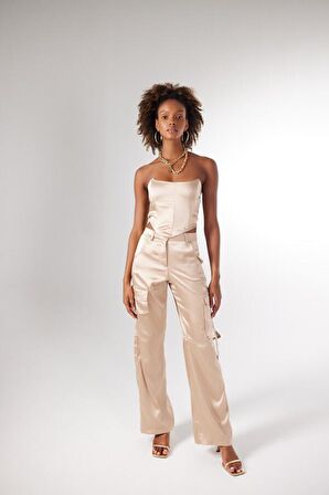 Yüksek Bel Kargo Cep Saten Maddy Pantolon Bej