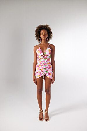 Mini Boy Büzgü Detayalı Çiçekli Verano Elbise Pembe