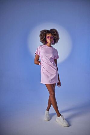 Bisiklet Yaka Kısa Kol Mini Wex Tshirt Elbise Pembe