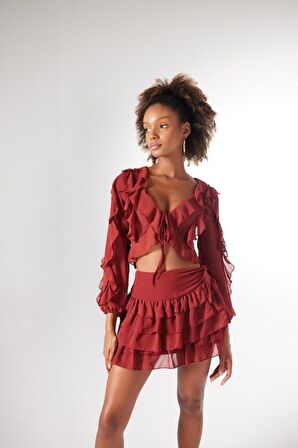 Bel Bağlamalı Volanlı Mini Elsa Etek Kahverengi