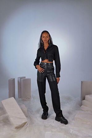 Yüksek Bel Yarı Deri Detaylı Fabio Pantolon