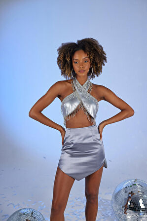 El Yapımı Özel Aksesuarlı Taşlı Flame Bluz Gri