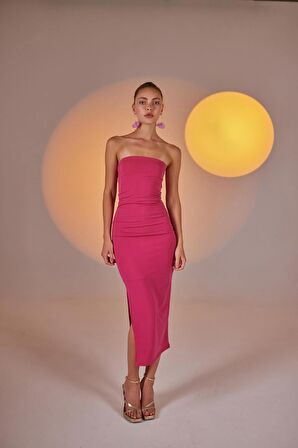 Yırtmaçlı Straplez Midi Bodycon Elbise Pembe