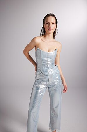 Parlak Kaplamalı Glossy Jean Büstiyer Mavi