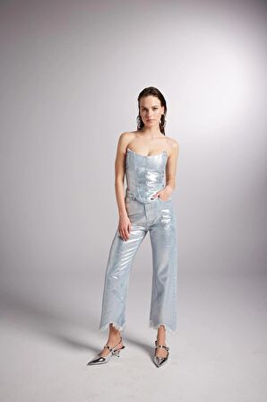 Parlak Kaplamalı Glossy Jean Büstiyer Mavi