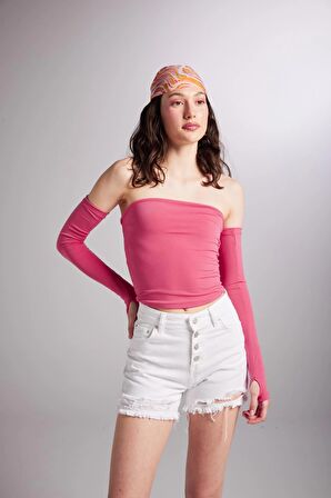 Kolları Ayrı Straplez Smooth Bluz Pembe