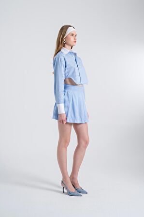 Çizgili Pilili Mini Harmony Poplin Etek Mavi