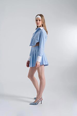 Çizgili Pilili Mini Harmony Poplin Etek Mavi