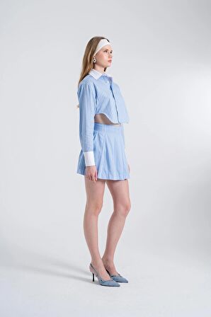 Çizgili Pilili Mini Harmony Poplin Etek Mavi