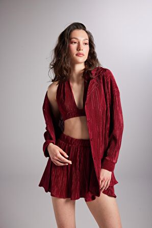 Düğme Kapamalı Comfy Oversize Gömlek Bordo