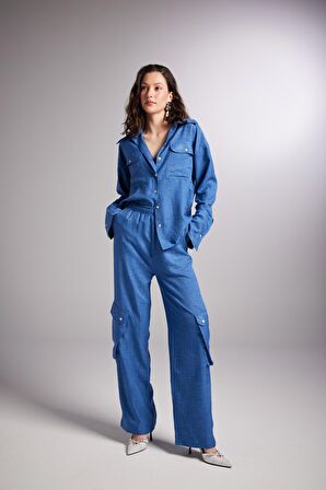 Kargo Cepli Beli Lastikli Julia Pantolon Mavi