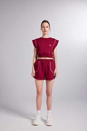 Beli Lastikli Kontrast Dikişli Mini Rhode Şort Bordo