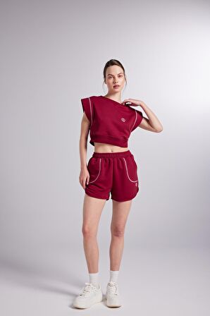 Crop Kesim Kontrast Dikişli Rhode Tshirt Bordo
