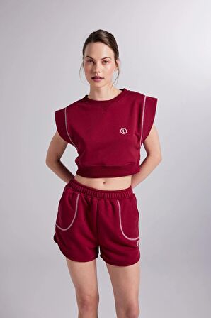 Crop Kesim Kontrast Dikişli Rhode Tshirt Bordo