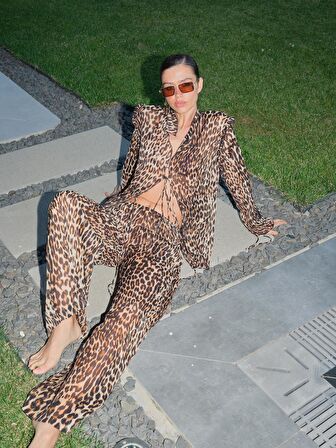 Beli Lastikli Leopar Desenli Şifon Savage Pantolon Kahve