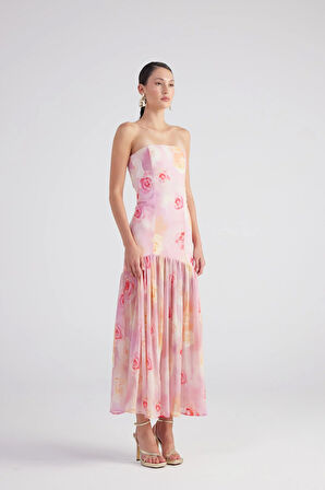 Gül Desenli Gipeli Yırtmaçlı Şifon Uzun Vivian Elbise Pembe