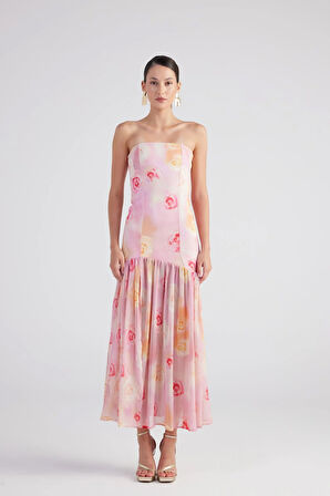 Gül Desenli Gipeli Yırtmaçlı Şifon Uzun Vivian Elbise Pembe