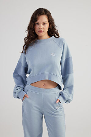 Bisiklet Yaka Şardonsuz Crop Cali Sweatshirt Gri