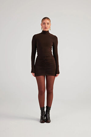 Balıkçı Yaka Büzgülü Mini Tami Elbise Kahve