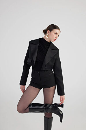 Yakası Saten Detaylı Camila Crop Blazer Ceket Siyah