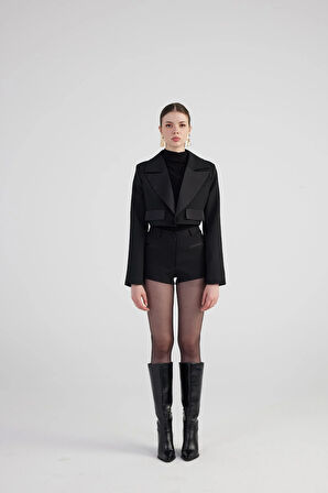 Yakası Saten Detaylı Camila Crop Blazer Ceket Siyah