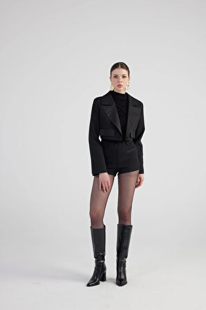 Yakası Saten Detaylı Camila Crop Blazer Ceket Siyah