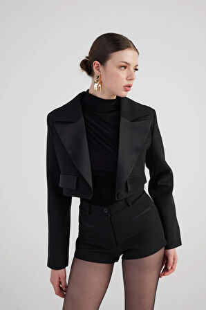 Yakası Saten Detaylı Camila Crop Blazer Ceket Siyah