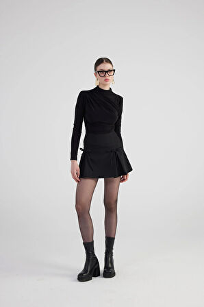 Kurdeleli Yüksek Bel Pilili Mini Elena Şort Etek Siyah