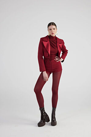 Yakası Saten Detaylı Camila Crop Blazer Ceket Bordo
