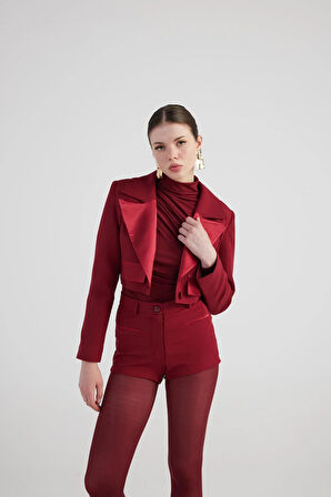 Yakası Saten Detaylı Camila Crop Blazer Ceket Bordo