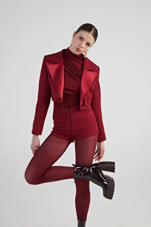 Yakası Saten Detaylı Camila Crop Blazer Ceket Bordo