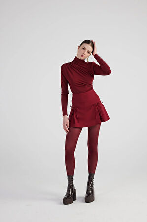 Kurdeleli Yüksek Bel Pilili Mini Elena Şort Etek Bordo