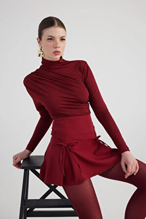 Kurdeleli Yüksek Bel Pilili Mini Elena Şort Etek Bordo