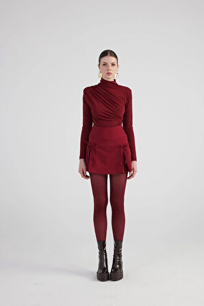 Kurdeleli Yüksek Bel Pilili Mini Elena Şort Etek Bordo