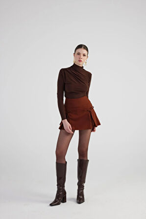 Kurdeleli Yüksek Bel Pilili Mini Elena Şort Etek Kahve