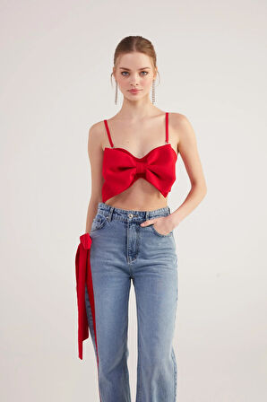 Kurdele Görünümlü Crop Jazmin Bluz Kırmızı