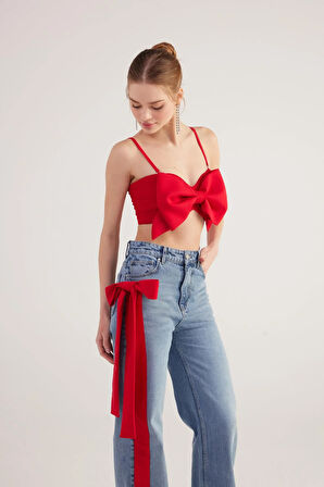 Kurdele Görünümlü Crop Jazmin Bluz Kırmızı