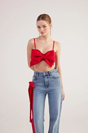 Kurdele Görünümlü Crop Jazmin Bluz Kırmızı