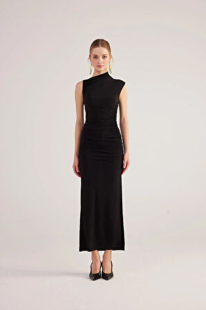 Büzgü detaylı Yırtmaçlı Uzun Lily Elbise Siyah