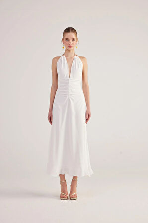 Boyundan Bağlamalı Uzun Singa Elbise Beyaz