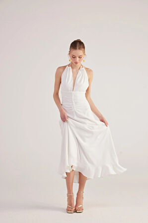 Boyundan Bağlamalı Uzun Singa Elbise Beyaz