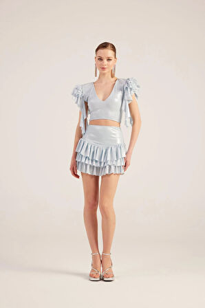 Fırfır Detaylı Etek Bluz Nana Takım Mavi