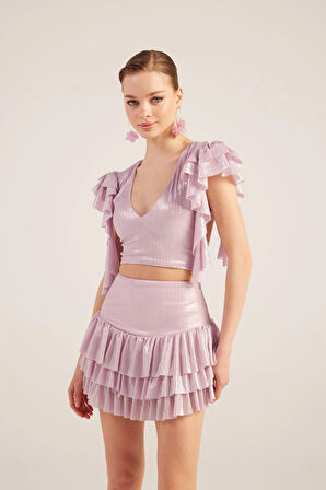 Fırfır Detaylı Etek Bluz Nana Takım Pembe